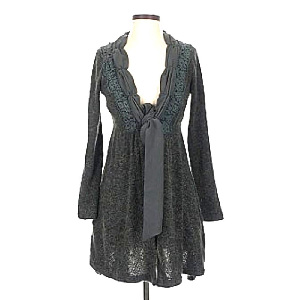 Areve Women Gray Ruffle Bow Lace Trim Longline Boho Cardigan Sweater Sz S 1110H3